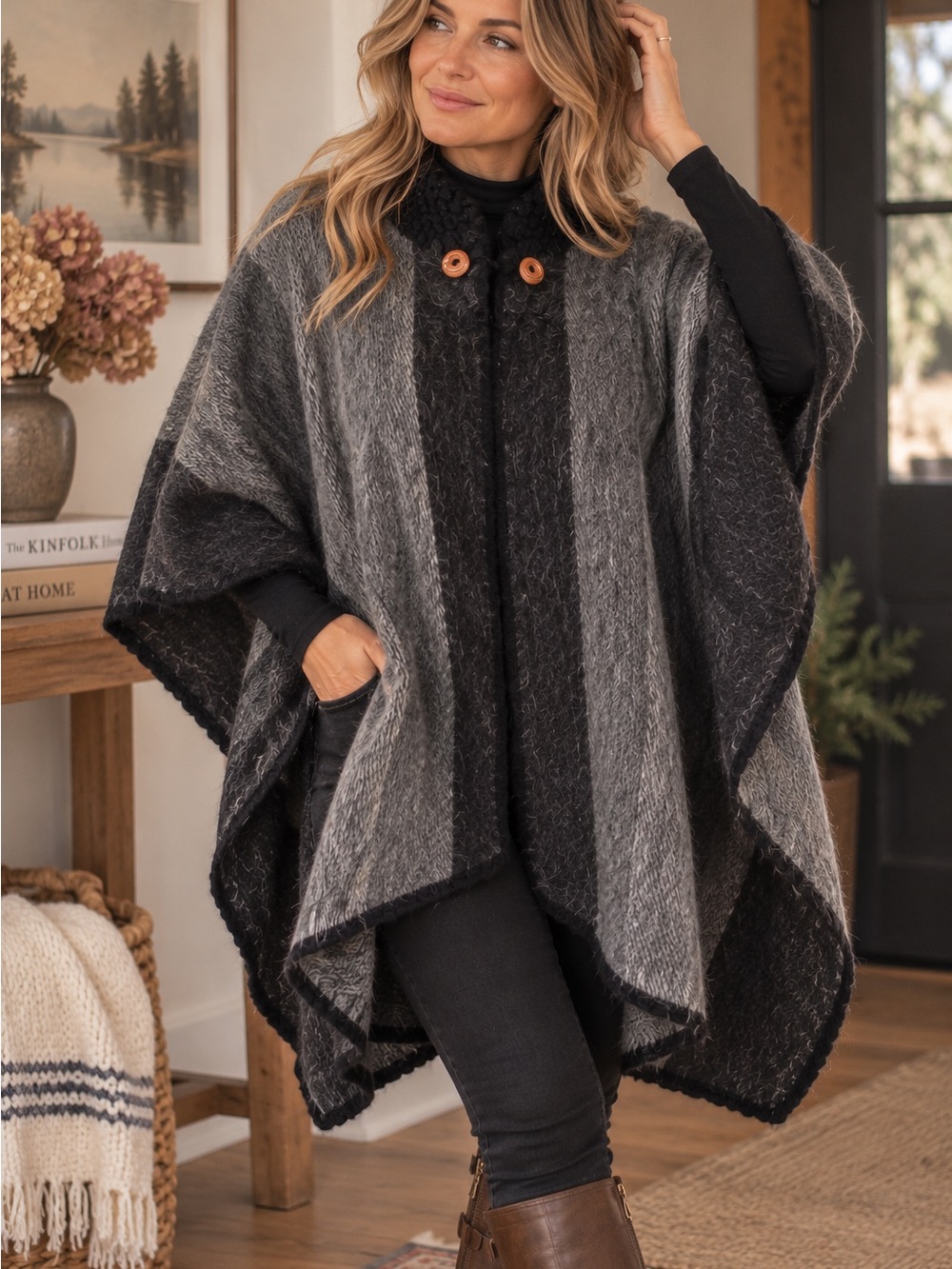 Vintage Charcoal Black Fuzzy Cape Poncho Wool Alpaca Style One Size